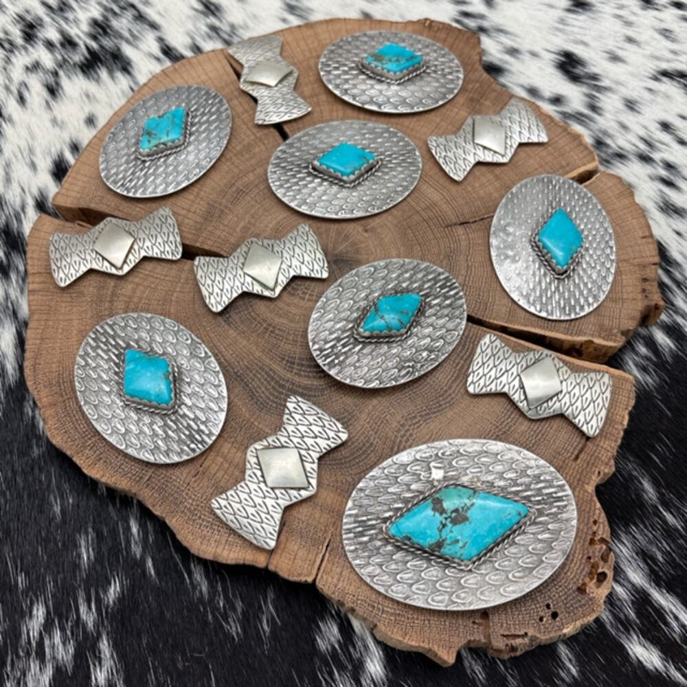1990s Native American NAVAJO Contemporary Sterling & Turquoise Concho Belt Set